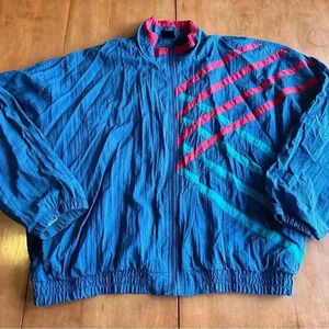 Vintage 90s Windbreaker Navy Striped Jacket Men’s 2XL Athletic Works 100% Nylon